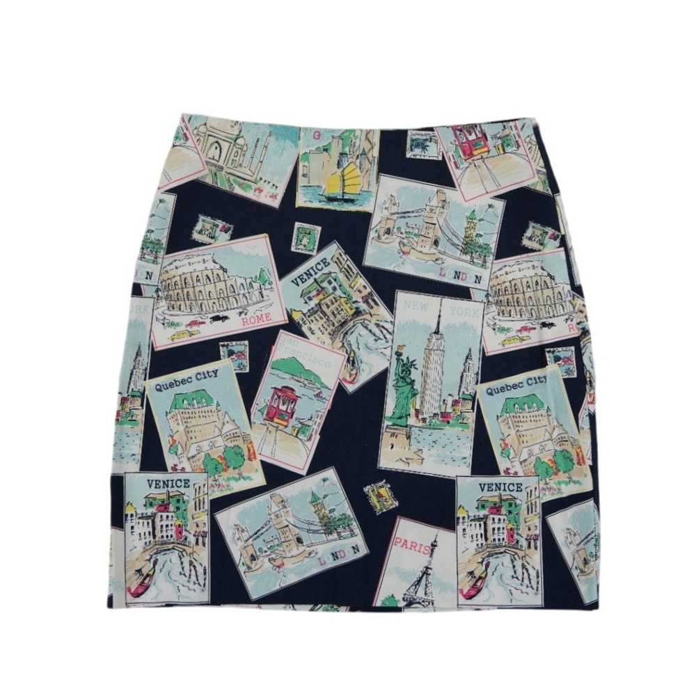 Talbots Pencil Skirt Women's Size 8 Navy Travel Postcards Europe Stretch